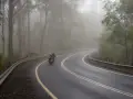 Motocyklista pokonuje zakręt na mokrej drodze, gdzie grozi mu aquaplaning. Mgła otula las, tworząc tajemniczą atmosferę.