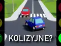 Sygnalizacja świetlna kolizyjna i bezkolizyjna: czerwone, żółte i zielone światła z kierunkowskazami. Dwa samochody na drodze.