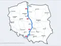 Mapa Polski z zaznaczoną autostradą A1, pokazującą jej długość i połączenia z głównymi miastami.