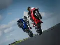 Dwóch motocyklistów na torze wyścigowym wykonuje wheelie. Jeden na niebieskim motocyklu, drugi na czerwonym Ducati Panigale V2.