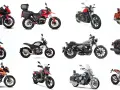 Kolekcja różnorodnych chińskich motocykli: sportowe, turystyczne, klasyczne i terenowe.