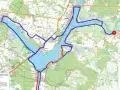 Trasa rowerowa wokół Jeziora Zegrzyńskiego, z zaznaczonym miastem Serock na trasie Pułtusk Węgrów.