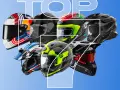 TOP 7 kasków motocyklowych. Różnorodne modele, od sportowych po terenowe, prezentują się na niebieskim tle.