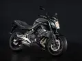 Zielony motocykl Kawasaki ER6N z ciemnym tłem.
