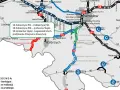 Trasa S8 przebieg: istniejące odcinki (niebieski), w realizacji (czerwony) i w przetargu (zielony). Mapa pokazuje drogę S8 od Wrocławia na południe.