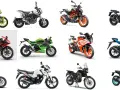 Kolekcja motocykli, w tym modele marki japońskich motocykli: Yamaha, Suzuki, Kawasaki. Różne style, od sportowych po terenowe.