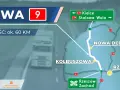 Mapa z zaznaczoną drogą krajową nr 9, prowadzącą przez Nową Dębę i Kolbuszową. Widać też kierunki na Kielce i Stalową Wolę.