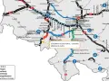 Mapa drogowa Dolnego Śląska z zaznaczoną autostradą A3, drogami krajowymi i ich statusem.