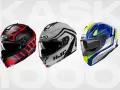 Trzy kaski motocyklowe HJC i Airoh: czarny z czerwonymi pasami, biały z czarnymi akcentami i niebiesko-żółty. Wybierz najlepszy kask motocyklowy dla siebie!
