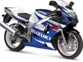 Suzuki GSX-R 600 SRAD w niebiesko-białych barwach, gotowy do jazdy po torze.