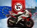 Sportowy motocykl Yamaha obok flagi UE i zakazu EURO 5.