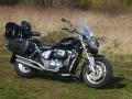 Czarny Suzuki Marauder z sakwami i szybą, gotowy na podróż przez jesienne krajobrazy.
