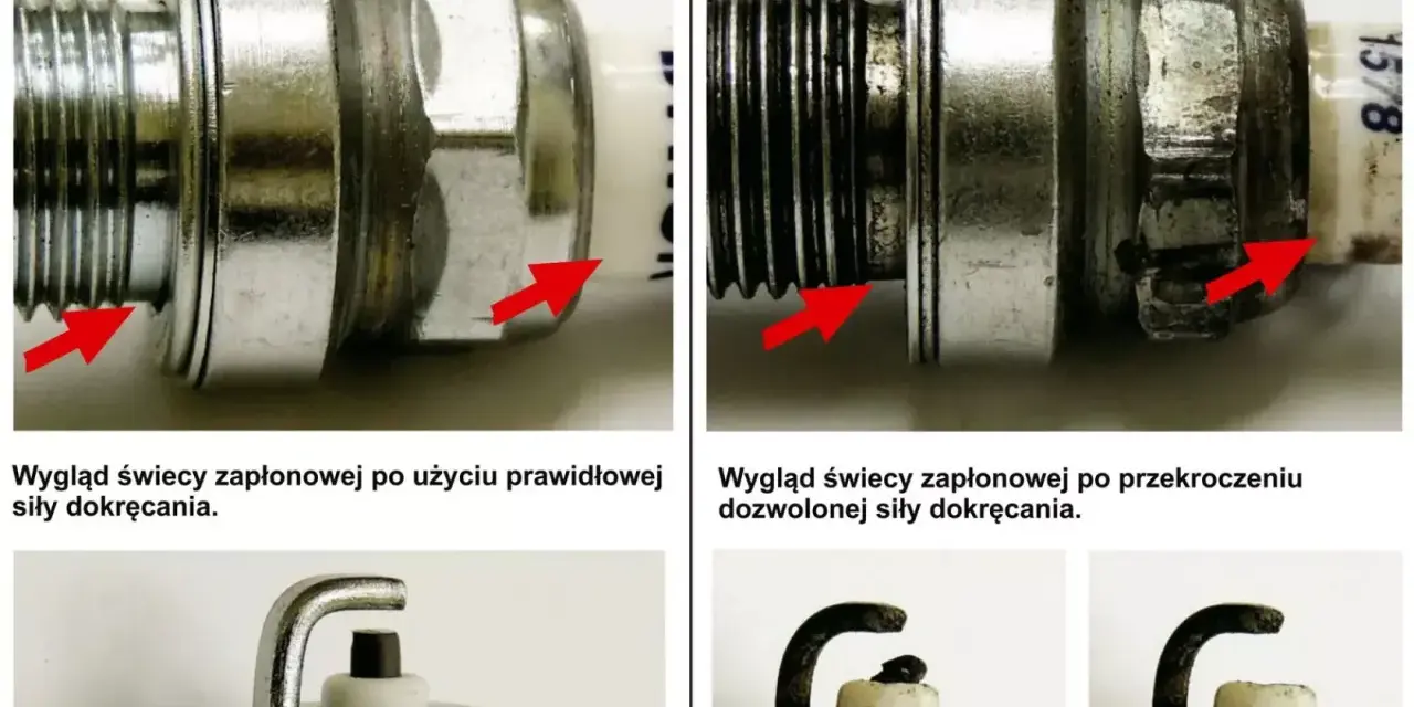 Świeca zapłonowa po prawidłowym dokręceniu vs. po przekroczeniu siły. Czerwone strzałki pokazują różnice. To ważna przerwa na świecy.