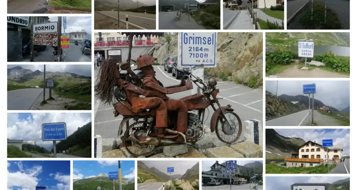 Kolaż zdjęć z górskich przełęczy, m.in. Grimsel, St. Gotthard, S. Bernardino, Furkapass, Pass dal Fuorn. Widać znaki drogowe, krajobrazy i rdzawy motocykl.