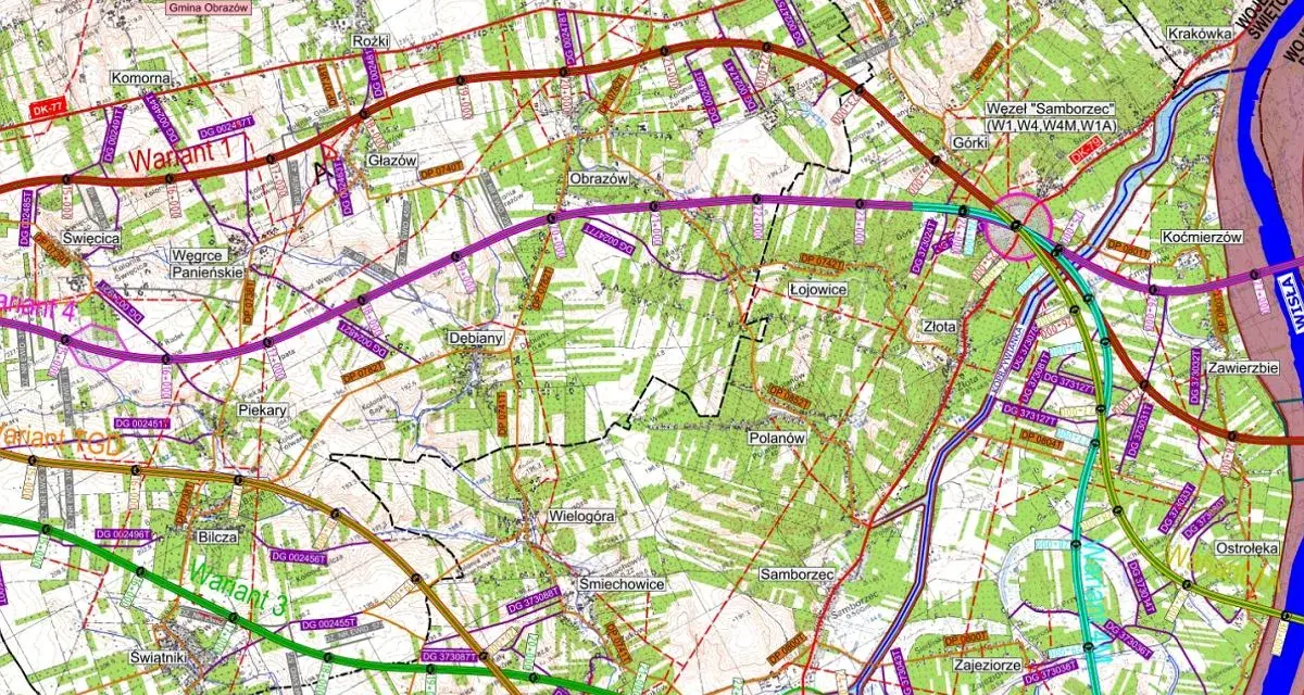 Mapa drogowa z przebiegiem drogi S74 i wariantami budowy. Widoczne miejscowości: Komorna, Święcica, Piekary, Bilcza, Sandomierz, Samborzec, Ostrołęka.