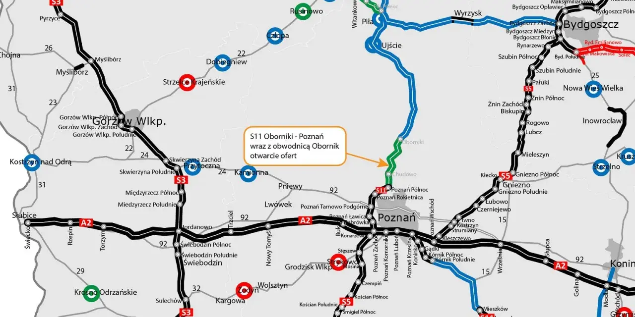 Mapa drogowa Polski, ukazująca drogę do poznania przez sieć autostrad i dróg krajowych, z zaznaczonymi miastami i węzłami.