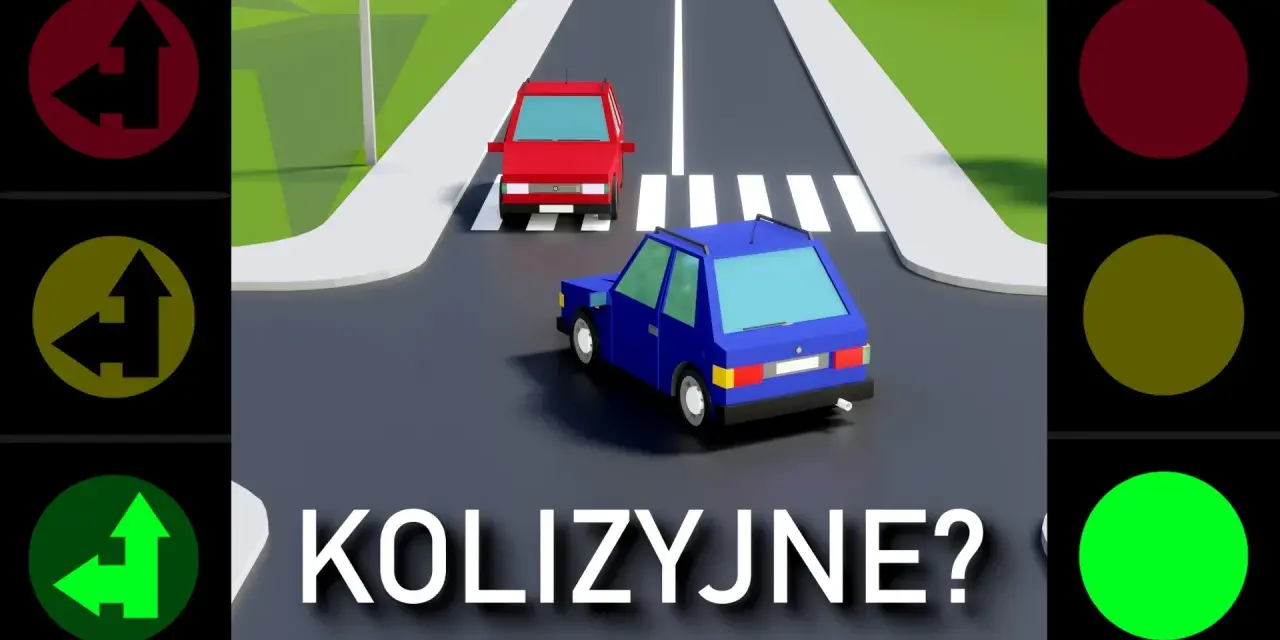 Sygnalizacja świetlna kolizyjna i bezkolizyjna: czerwone, żółte i zielone światła z kierunkowskazami. Dwa samochody na drodze.