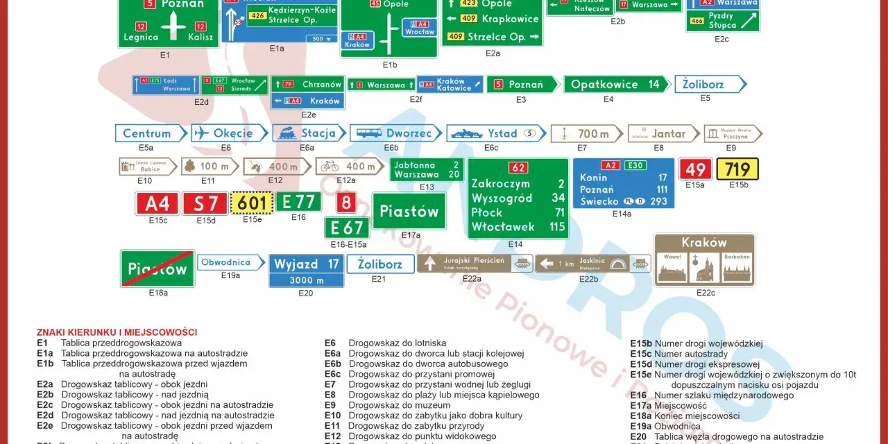 Znaki kierunku i miejscowości: drogowskazy z numerami dróg krajowych, autostrad i miejscowości.