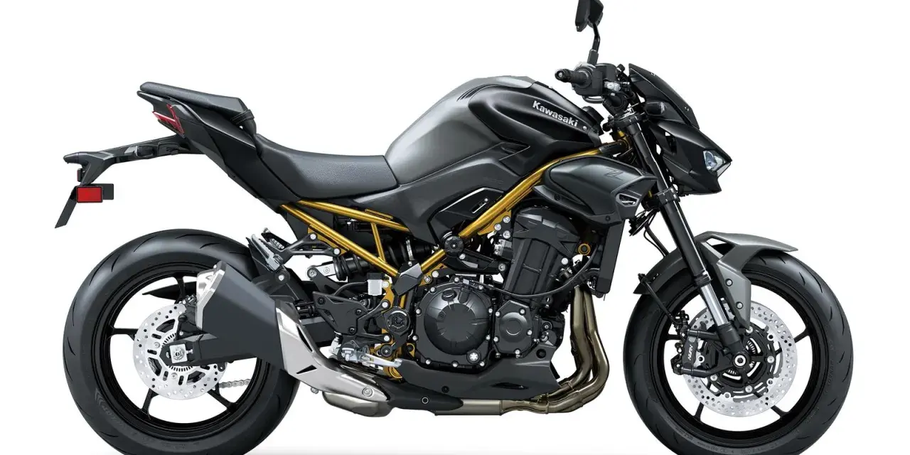 Stylowy, ciemnoszary Kawasaki Z900 2022 z widoczną złotą ramą i czarnymi detalami. Gotowy na przygodę!
