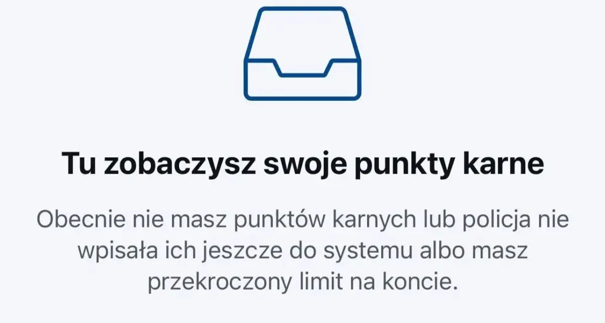 Ikona folderu i tekst: "Tu zobaczysz swoje punkty karne". Obecnie brak punktów, ale uwaga na recydywę za prędkość!