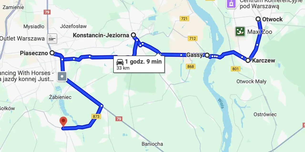 Trasy motocyklowe Warszawa: Pętla przez Piaseczno, Konstancin-Jeziorna, Gassy, Karczew i Otwock. 33 km, 1h 9 min.