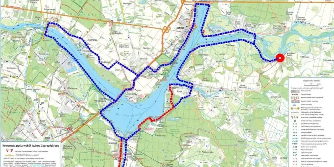 Trasa rowerowa wokół Jeziora Zegrzyńskiego, z zaznaczonym miastem Serock na trasie Pułtusk Węgrów.
