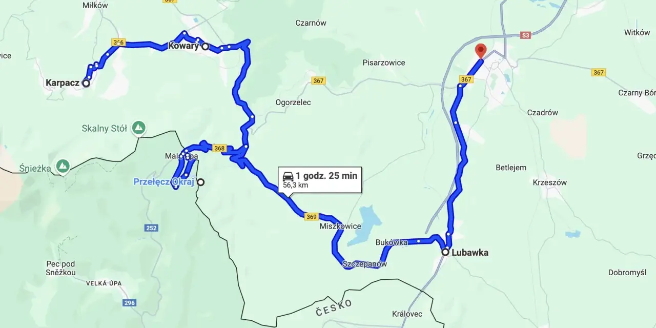 Trasy motocyklowe Dolny Śląsk: pętla przez Karpacz, Kowary, Przełęcz Okraj i Lubawkę. Widok mapy z zaznaczoną trasą.