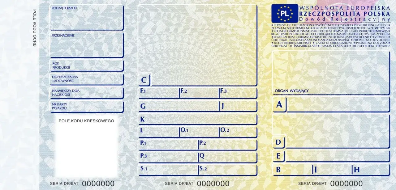 Miękki dowód rejestracyjny z danymi pojazdu, takimi jak rok produkcji, ładowność i numer karty pojazdu. Widoczne pola na wpisanie informacji.