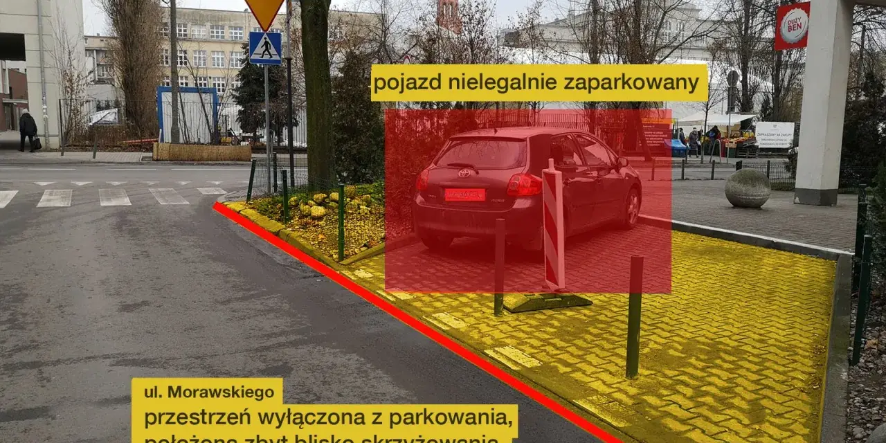 Samochód zaparkowany zbyt blisko skrzyżowania i przejścia dla pieszych. Przestrzeń wyłączona z parkowania.