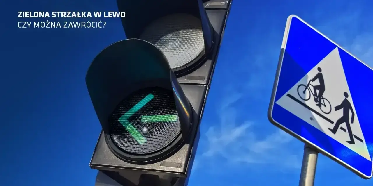 Sygnalizacja świetlna strzałki w lewo świeci na zielono. Obok znak drogi dla rowerzystów i pieszych.