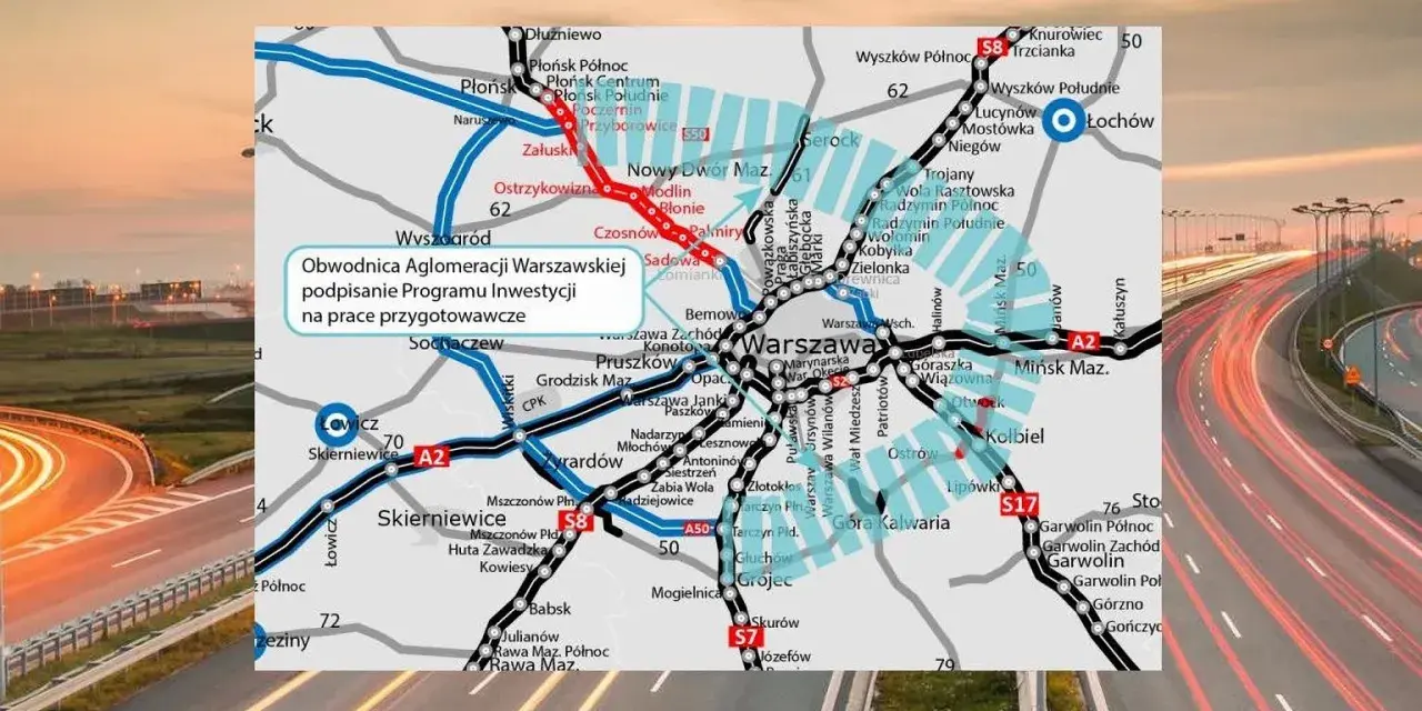 Mapa drogowa z zaznaczoną trasą S50, obwodnicą aglomeracji warszawskiej, oraz autostradą A2 i S8.