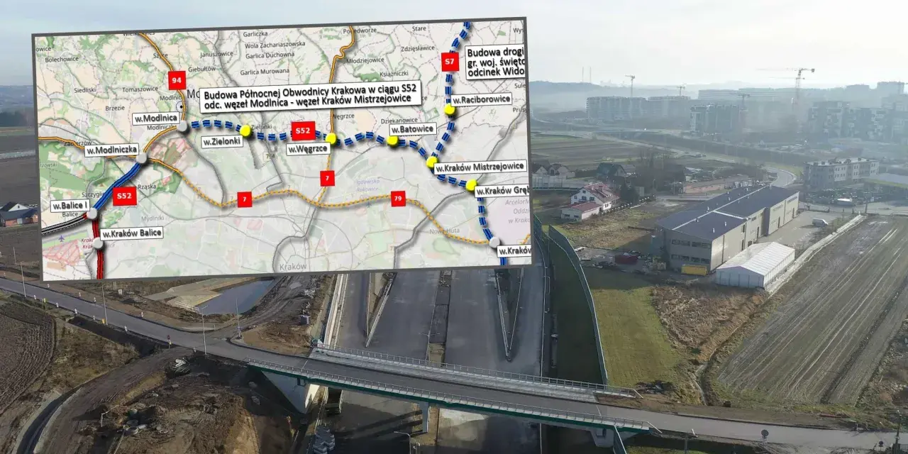 Mapa pokazuje budowę Północnej Obwodnicy Krakowa w ciągu S52, od węzła Modlnica do węzła Kraków Mistrzejowice.