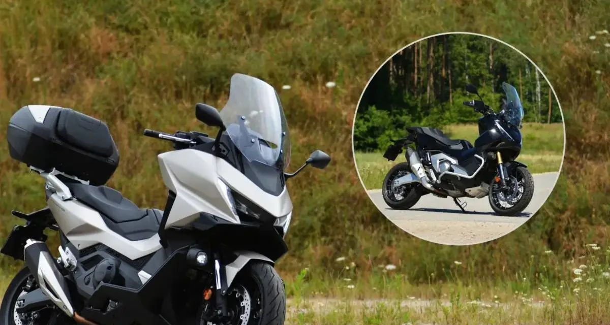 Srebrny skuter Honda Forza 750 z kufrem, w tle okrągłe zdjęcie czarnego modelu. Idealny do szybkiej jazdy, sprawdzamy honda forza 750 prędkość maksymalna.