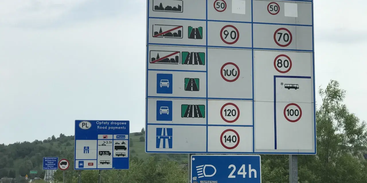 Znaki drogowe w Polsce: ograniczenie prędkości dla samochodów osobowych, ciężarowych i motocykli. Obowiązują różne limity prędkości w zależności od pojazdu i drogi.