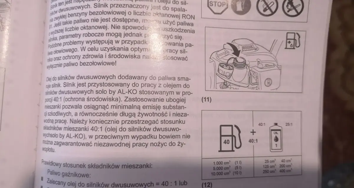 Instrukcja podaje, ile oleju na litr paliwa należy użyć do silników dwusuwowych: 40:1 lub 25:1.