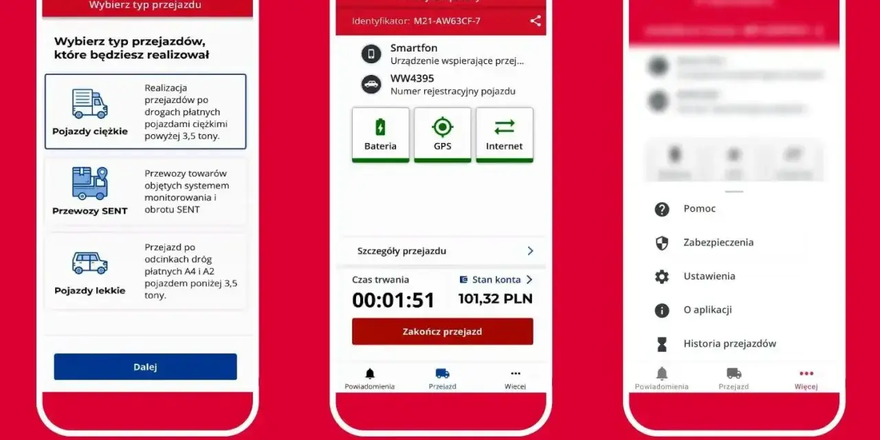 Aplikacja do obsługi autostradą A2 opłaty e-toll. Wybór typu pojazdu, szczegóły przejazdu i stan konta.