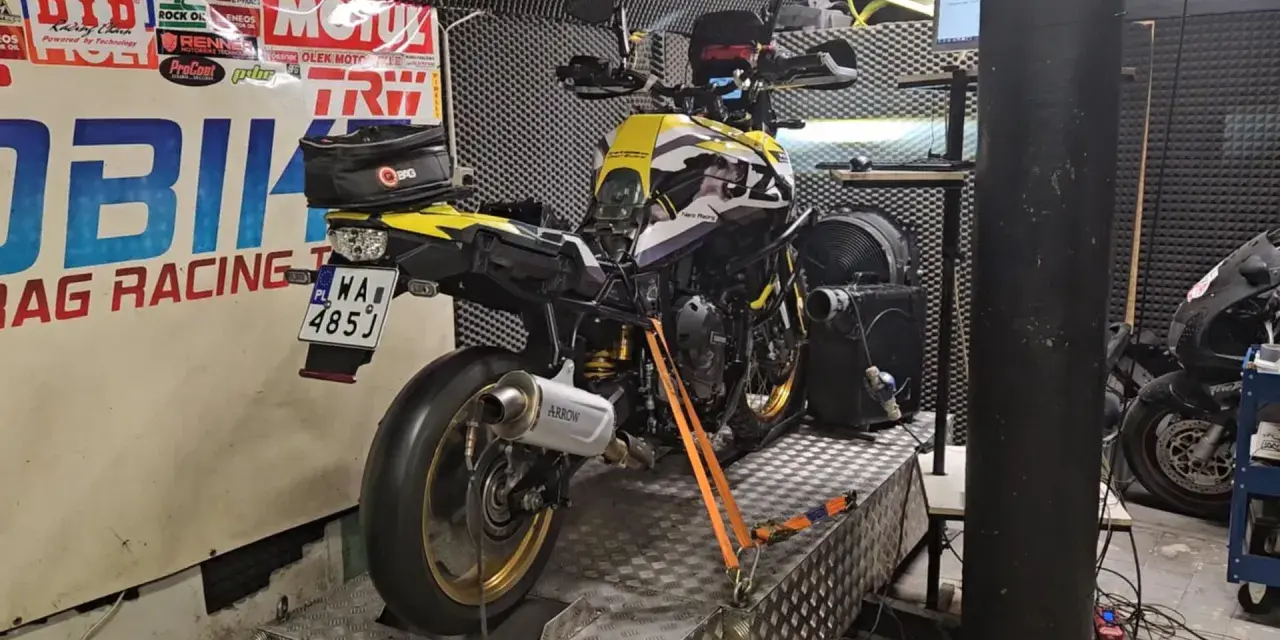 Żółto-czarne konie mechaniczne na hamowni, gotowe do testów.