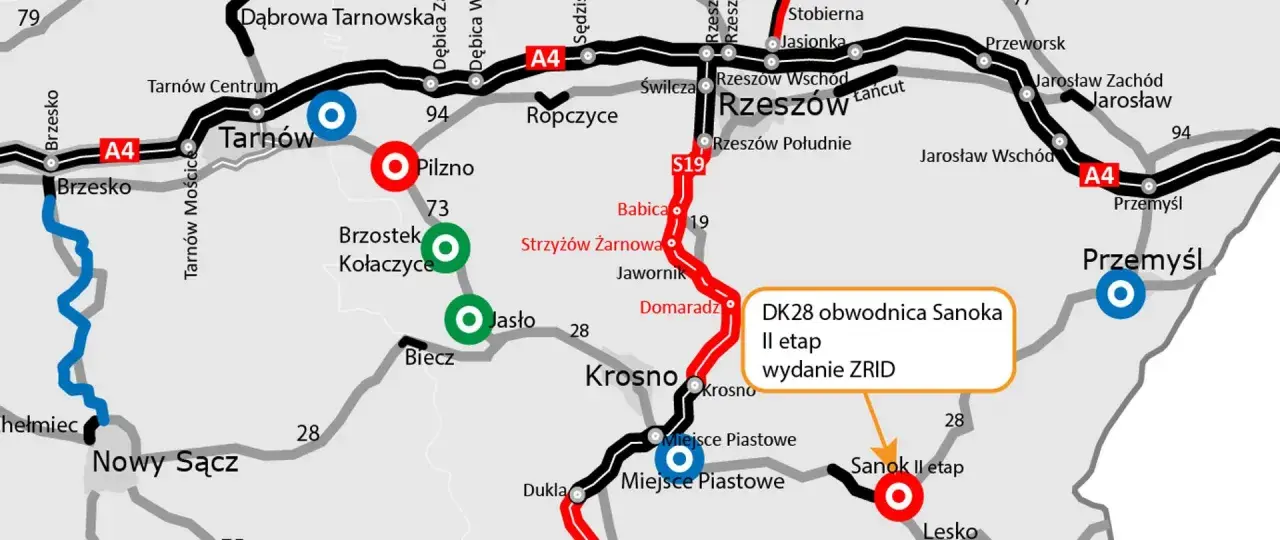 Mapa drogowa z zaznaczonymi miastami: Rzeszów, Krosno, Sanok, Jasło, Pilzno, Tarnów, Brzesko, Nowy Sącz, Przemyśl. Trasa S19 i A4.