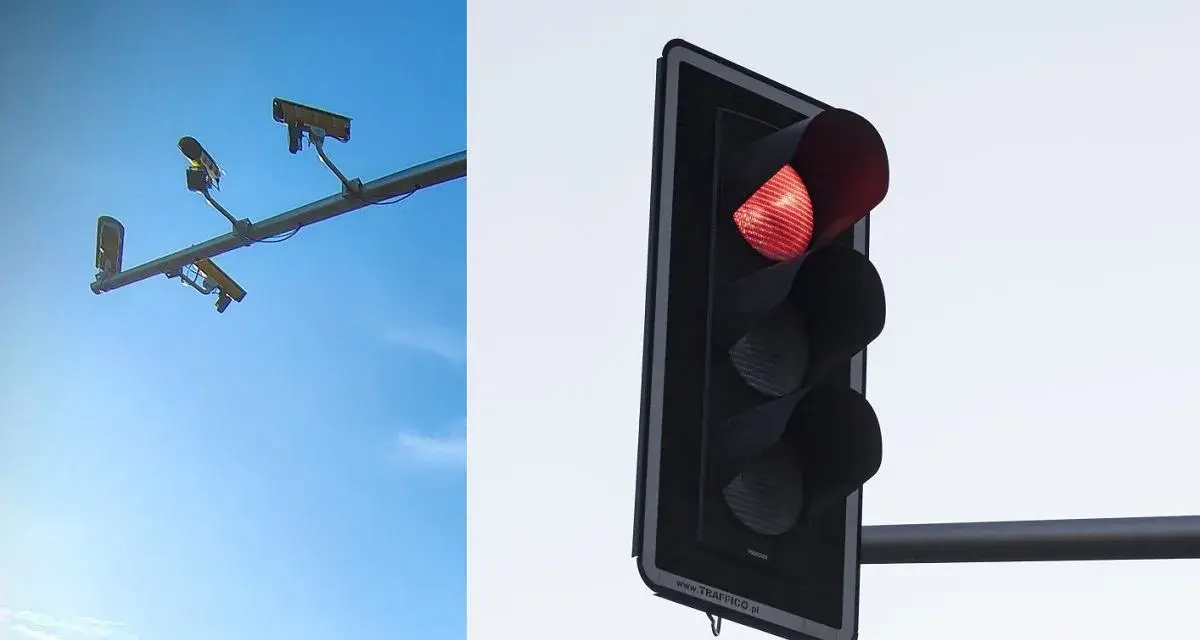 System red light zatrzymuje ruch. Po lewej kamery monitorujące, po prawej czerwone światło sygnalizatora.