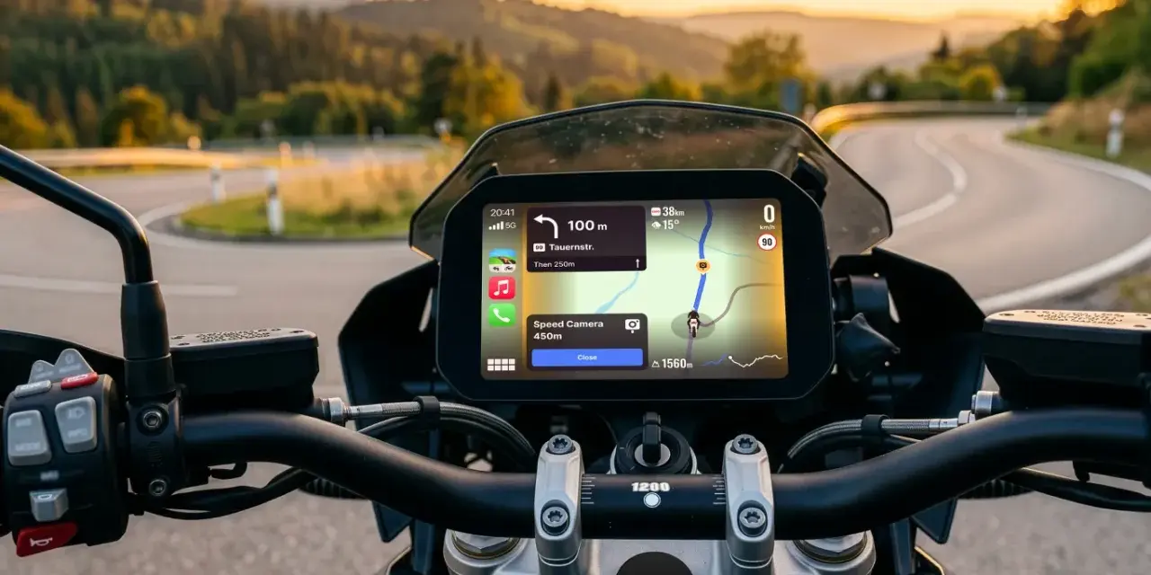 Nawigacja na motocyklu z Google Maps w trybie motocyklowym. Widok na zakręconą drogę w górach o zachodzie słońca.