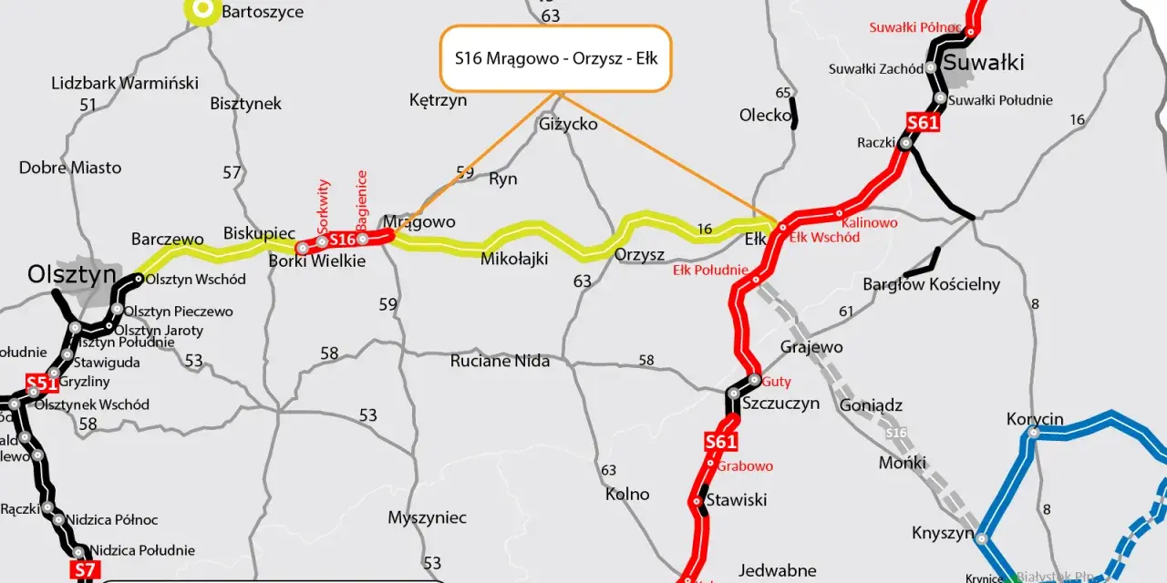 Mapa drogowa z zaznaczoną drogą S16, łączącą Mrągowo, Orzysz i Ełk. Widoczne są również inne drogi krajowe i wojewódzkie.