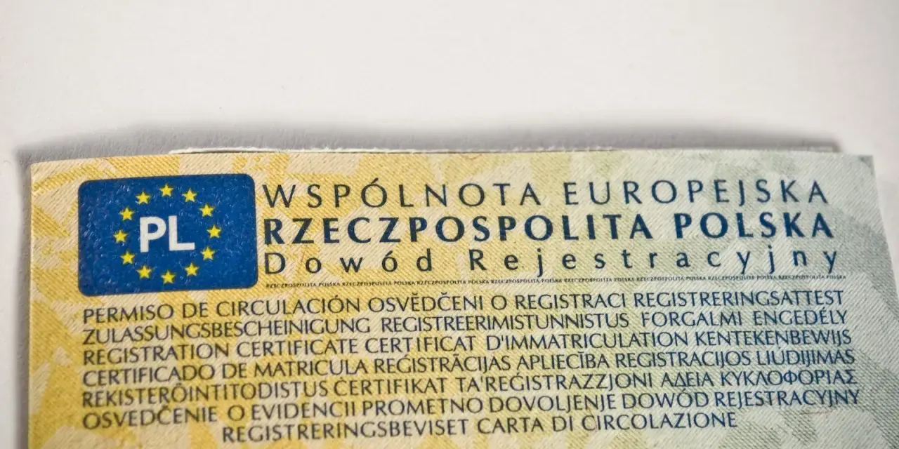 Fragment dokumentu z napisem "Dowód Rejestracyjny", symbolami Unii Europejskiej i oznaczeniem "PL".