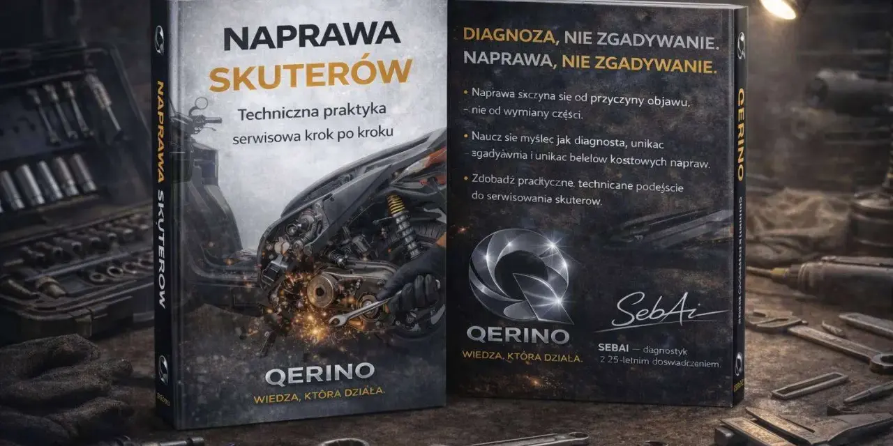 Książka "Naprawa skuterów" z poradami, jak zdiagnozować, gdy skuter nie wchodzi na obroty i się dusi. Narzędzia i wiedza, która działa.