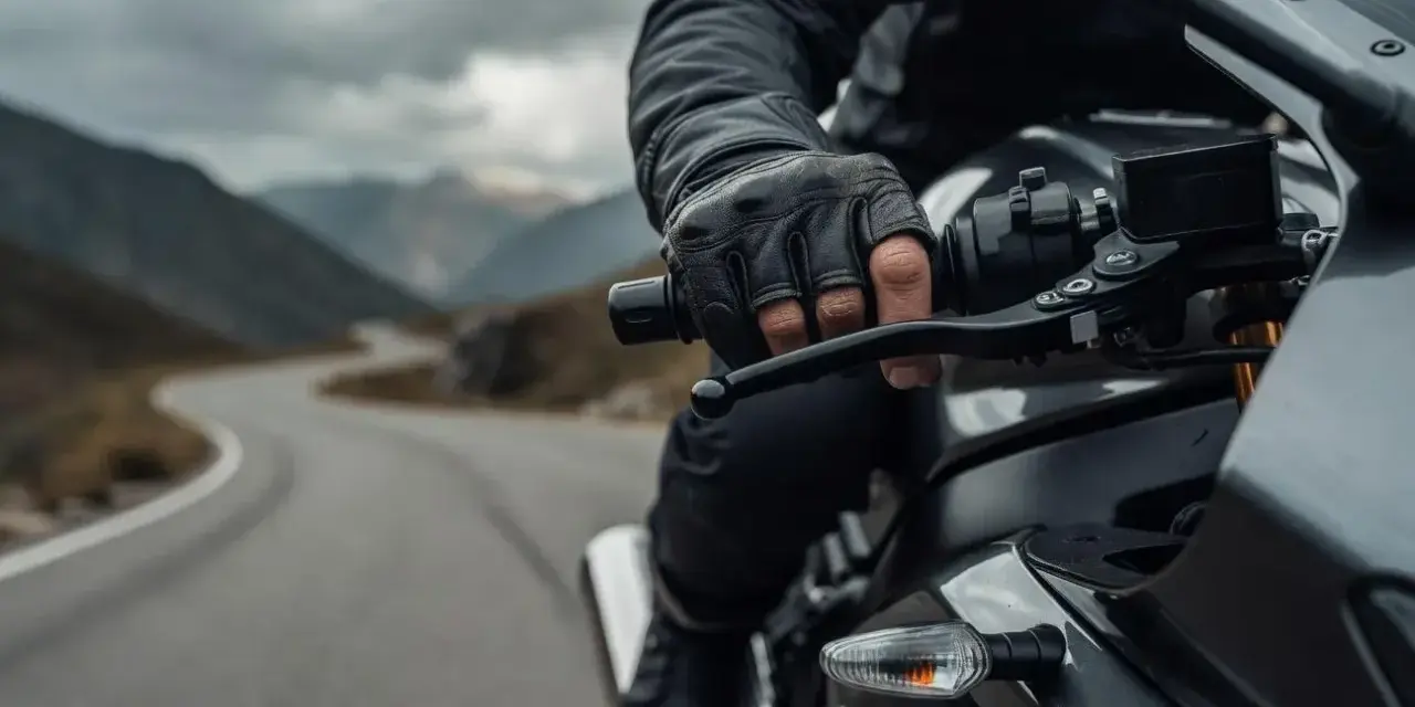 Motocyklista w skórzanej rękawicy trzyma kierownicę, gotowy do zmiany biegu. Droga wijąca się przez górzysty krajobraz.