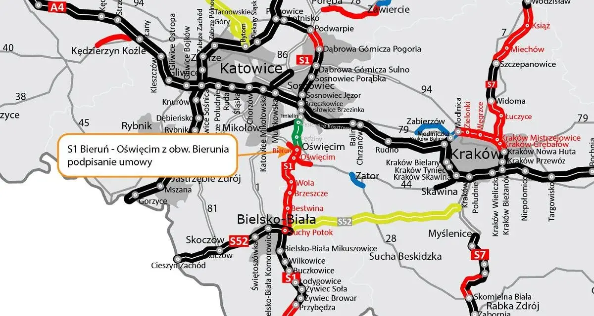Mapa drogowa z zaznaczoną trasą S1 między Bieruniem a Oświęcimiem, z informacją o podpisaniu umowy.