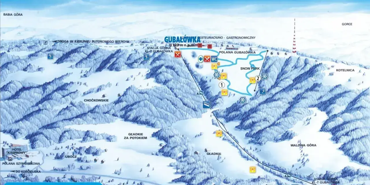 Mapa narciarska Gubałówki z trasami, wyciągami i atrakcjami. Widok z lotu ptaka na ośnieżone stoki i lasy.