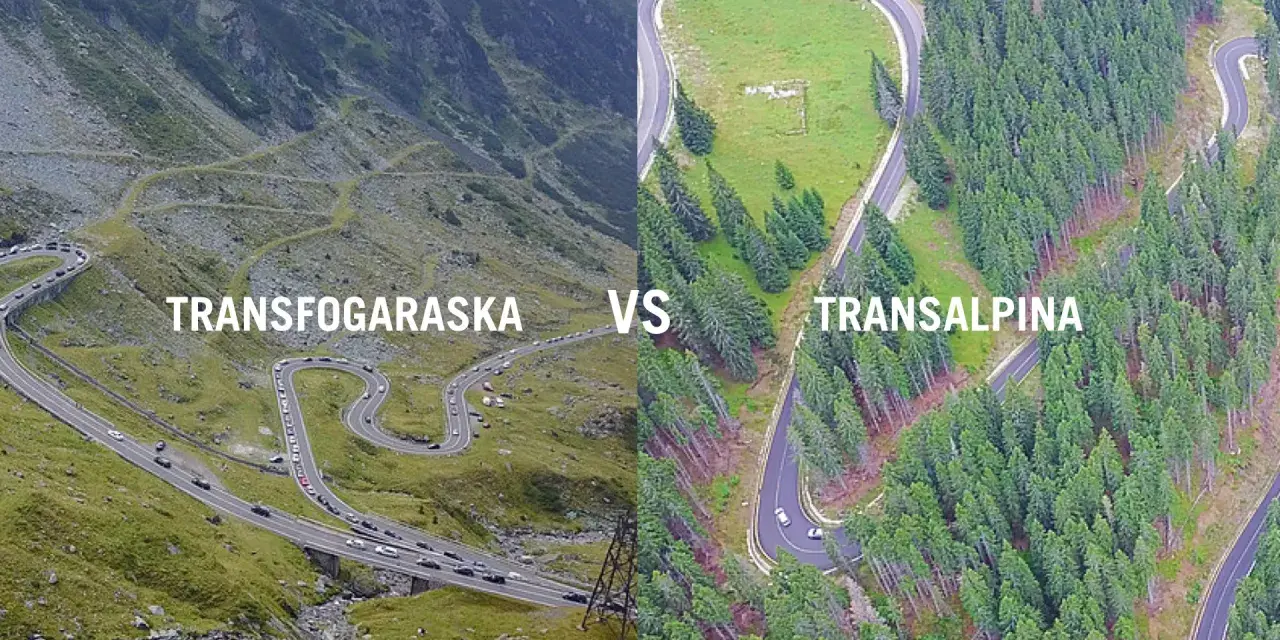 Dwie słynne rumuńskie drogi górskie: Transfogaraska i Transalpina, z wijącymi się serpentynami pośród skalistych zboczy i gęstych lasów.