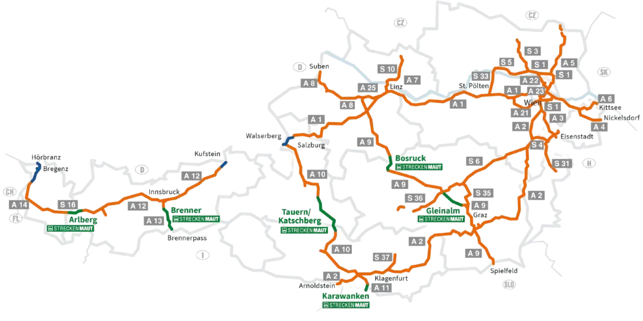 Mapa Austrii z zaznaczonymi autostradami i drogami płatnymi. Planujesz podróż w 2025 roku? Sprawdź, gdzie potrzebne są winiety Austria 2025.