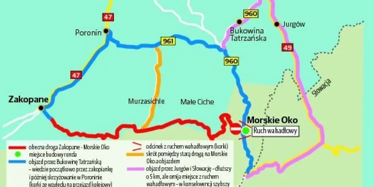 Mapa dróg z Zakopanego do Morskiego Oka. Zakopianka z objazdami i ruchem wahadłowym.