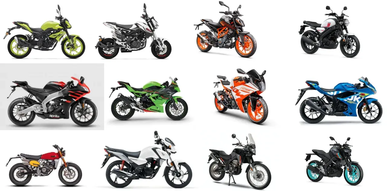 Kolekcja motocykli, w tym modele marki japońskich motocykli: Yamaha, Suzuki, Kawasaki. Różne style, od sportowych po terenowe.